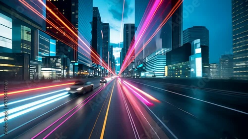 High-speed traffic and neon light trails on city highway during night in a futuristic urban landscape