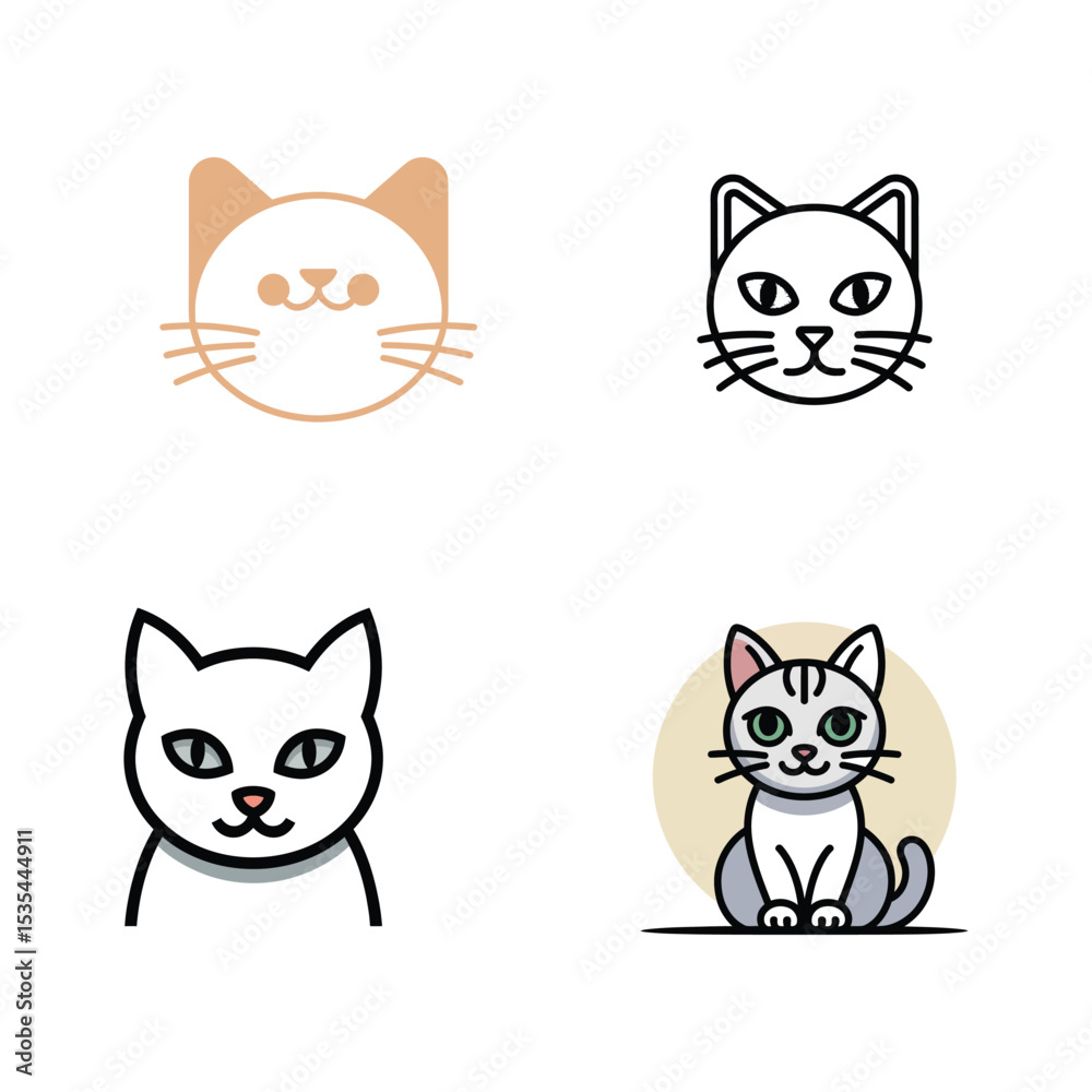 Fototapeta premium Minimal and Cute Cat Icons Set – Flat and Line Art Style Vector Illustrations for Logo, Sticker, Pet Branding, and Web Use
