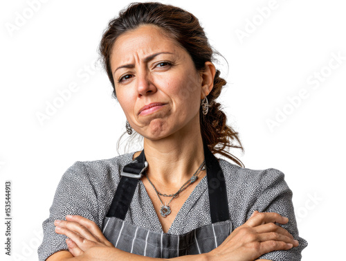 Frustration and Discontent: A woman, eyes narrowed with a hint of annoyance, crossed her arms defiantly, embodying displeasure or skepticism against an undiscussed matter.