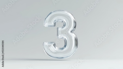 The number three appears in a clear, transparent style, set against a light backdrop, emphasizing its shape and sleek design