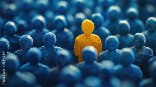 One golden figure stands out amongst many blue figures.