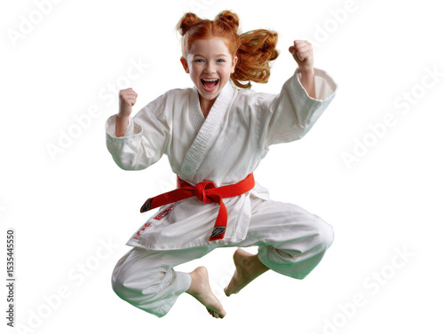 Joyful Karate Kid: A vibrant young girl with fiery red hair, dressed in a pristine white karate gi and an orange belt, leaps triumphantly into the air.