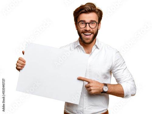 Man Presenting Blank Sign: A friendly, well-groomed man with glasses beams with confidence as he points towards a blank sign, perfect for adding your own custom message or text.