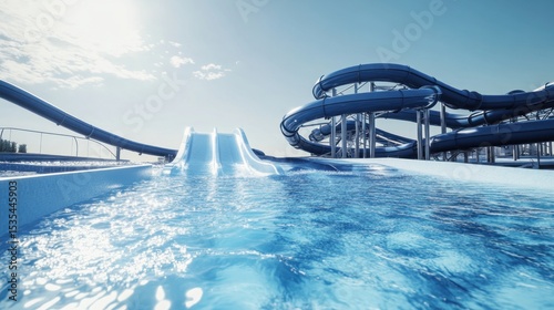 Blue water park with waterslides under a clear bright sunny sky perfect vacation