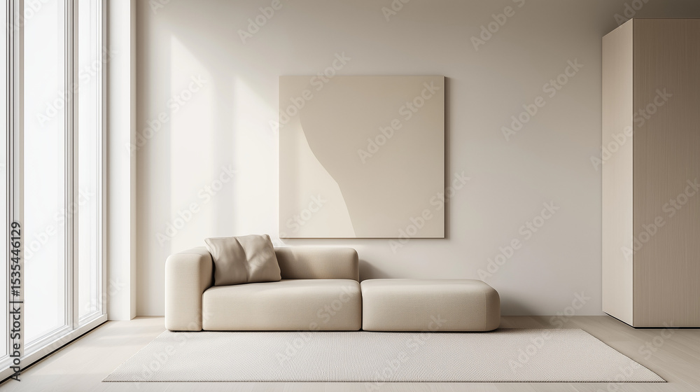 Fototapeta premium Minimalist living room with beige sofa and abstract art, bathed in soft natural light, embodying contemporary elegance and tranquility.
