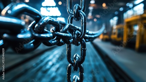 Close-up of a heavy metal chain in an industrial manufacturing facility