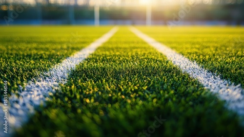 Close-up view of a freshly cut green soccer field with white lines under sunlight