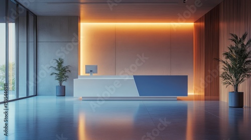 Contemporary office lobby interior featuring reception desk and ambient lighting