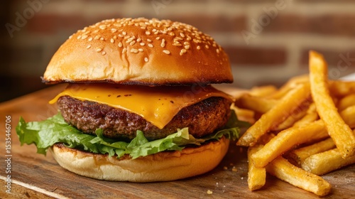 Delicious cheeseburger with sesame bun and crispy french fries ready to eat