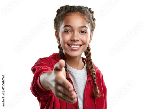 Girl Offering Handshake: A cheerful young girl with long braids extends her hand in a friendly gesture, offering a warm and inviting handshake. Her radiant smile conveys openness and approachability.