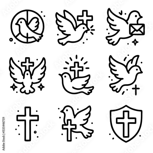 Heres a sentence describing the image the image shows nine line art icons depicting doves and crosses symbolizing peace.