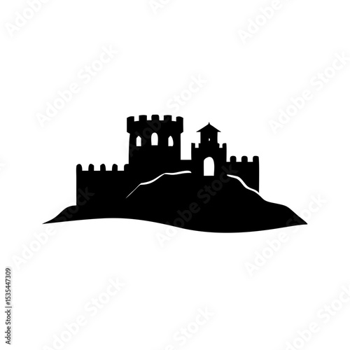 Silhouette of a medieval castle with towers and battlements on a hill against a white background view created with generated ai