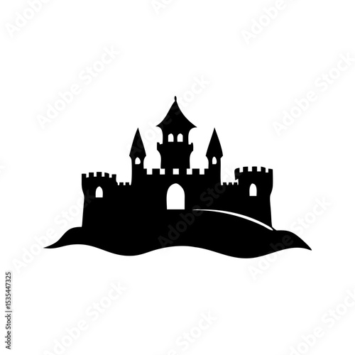 Silhouette depiction of a castle with towers and battlements on a small hill in black and white created with generated ai