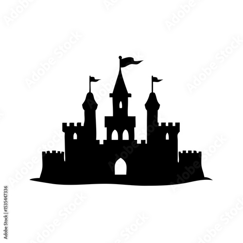 Silhouette of a fairytale castle with towers, flags, and crenellations against a white background view created with generated ai