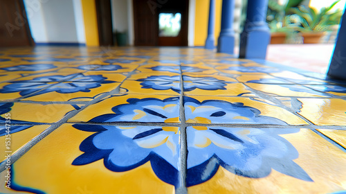 Vibrant yellow and blue floral tile floor, close-up view.  Shows detail of handcrafted design. Perfect for home decor, travel, or design blogs.
