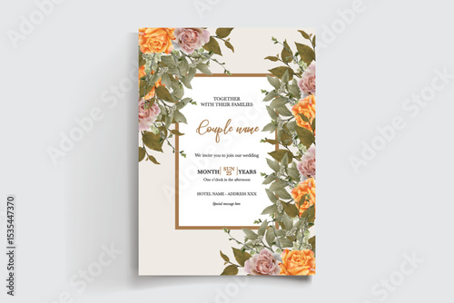 WEDDING INVITATION FRAME WITH FLOWER DECORATIONS AND FRESH LEAVES