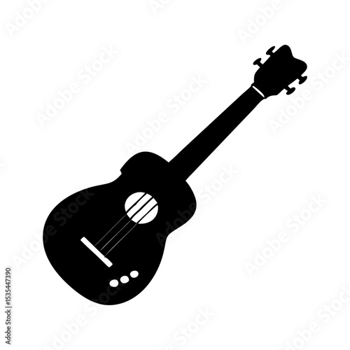 A simple black silhouette illustration of a ukulele with strings and tuning pegs on a white background created with generated ai