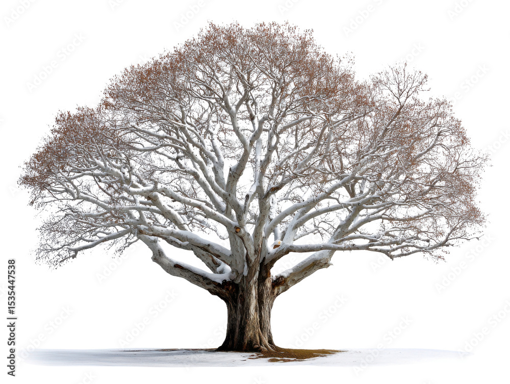 Fototapeta premium Bare Branches of Nature's Majesty: A majestic bare tree stands silhouetted, its sprawling branches reaching towards the heavens, a stark yet beautiful contrast against the muted backdrop of winter. 