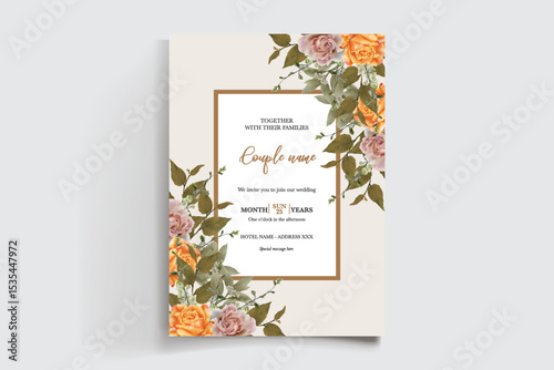 WEDDING INVITATION FRAME WITH FLOWER DECORATIONS AND FRESH LEAVES