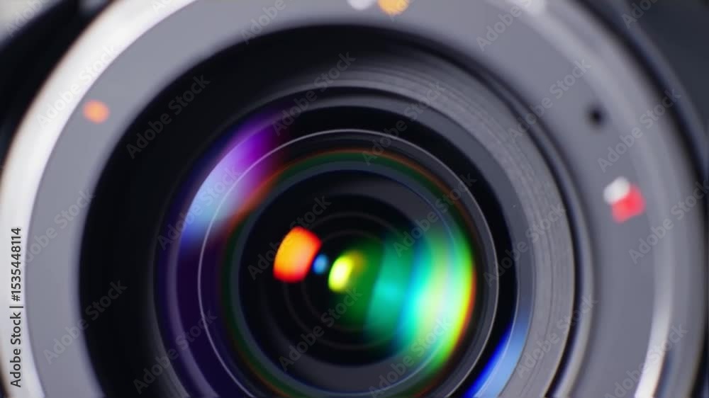 Camera Lens Close Up with Colorful Reflection Creates Abstract Effect