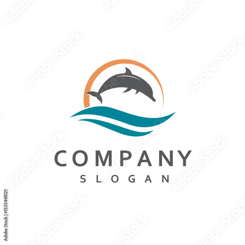 emblem of dolphin, sun and sea waves isolated on white background