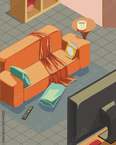 Illustration of a comfortable living room with an orange sofa