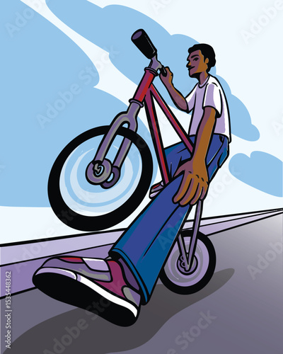 Illustration of a man doing a wheelie on his bike