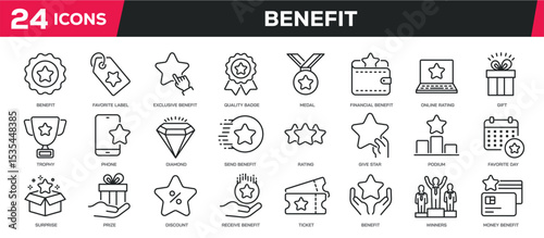 Set of collection line icons related benefit, bonus, reward, intensive. Editable stroke. Perfect pixel on transparent background