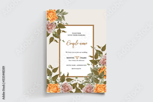 WEDDING INVITATION FRAME WITH FLOWER DECORATIONS AND FRESH LEAVES