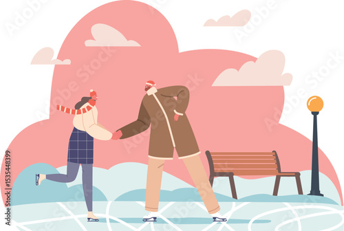 Couple ice-skating outdoors vector illustration