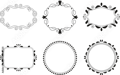 Set of Decorative round vintage frames and borders. Hand drawn silhouettes of decorative square and round borders set Elegant retro mirror and picture frameworks collection. Vector decorative elements