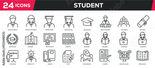 Set of collection line icons related student, education, diploma, learning. Editable stroke. Perfect pixel on transparent background
