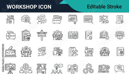Workshop Icon Set – Editable Stroke Training, Seminar, Tools, Presentation, Gear & Planning Icons .