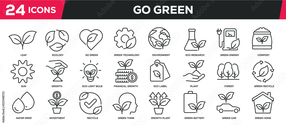 Fototapeta premium Set of collection line icons related green ecology, environment, green earth. Editable stroke. Perfect pixel on transparent background