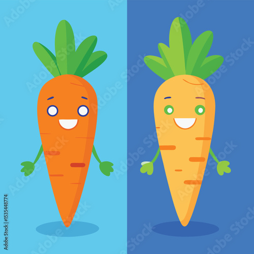 Two happy cartoon carrots on blue background