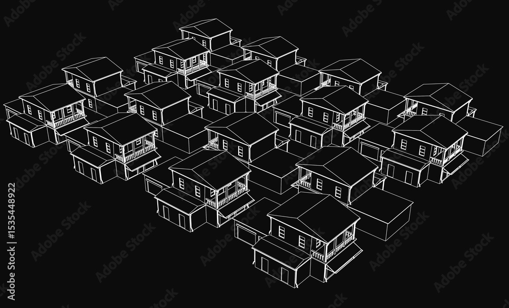 Fototapeta premium A row of houses in a black and white drawing, each featuring detailed windows and balconies. The dark background creates a mysterious urban atmosphere with a vintage aesthetic.