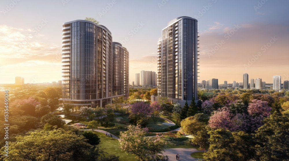 Obraz premium Modern Skyscrapers Surrounded by Lush Greenery and Vibrant Flower Gardens at Sunset in an Urban Setting