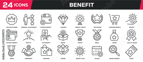Set of collection line icons related benefit, bonus, reward, intensive. Editable stroke. Perfect pixel on transparent background