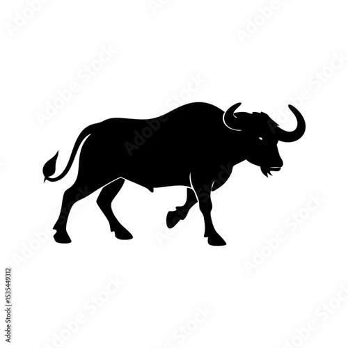 Silhouette of a powerful bull with curved horns walking forward in a strong and determined manner design element created with generated ai
