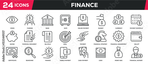 Set of collection line icons related finance, money, bank. Editable stroke. Perfect pixel on transparent background