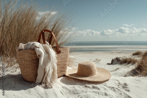 A straw bag and hat rest on soft sand with grass nearby, creating a tranquil beach atmosphere under a bright sky