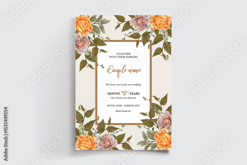 WEDDING INVITATION FRAME WITH FLOWER DECORATIONS AND FRESH LEAVES