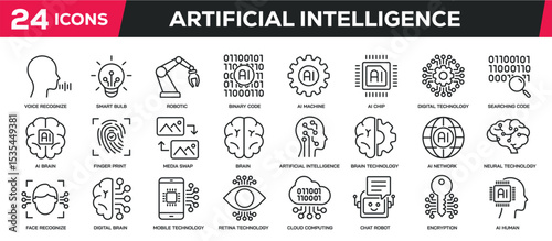 Set of collection line icons related artificial intelligence, technology, robotic, machine learning. Editable stroke. Perfect pixel on transparent background