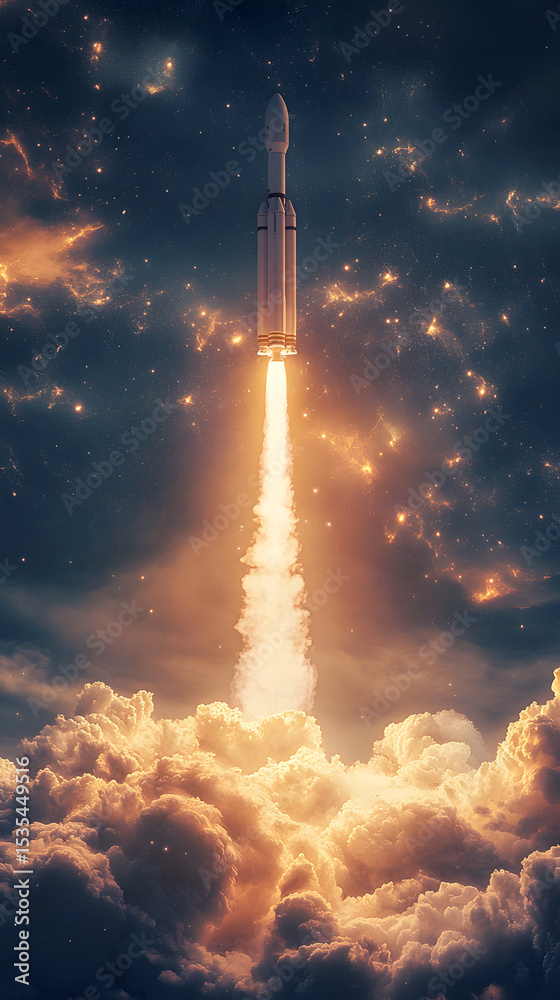 Obraz premium Rocket Launching into Space Above Clouds