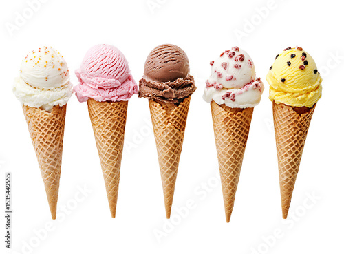  A photorealistic image of five ice cream cones with different flavors, each holding an elongated scoop of colorful frozen yogurt on