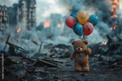 Kids, a teddy bear with balloons. The city is burned after a war. There is destruction and smoke from fire. It is like a world war. But the children are innocent.