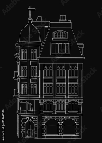 A black and white outline drawing of a Dutch-style building featuring a prominent clock tower, intricate windows, and detailed balconies. The architectural sketch highlights traditional Netherlands.