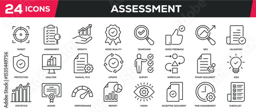 Set of collection line icons related assessment, compliance, analysis, evaluation. Editable stroke. Perfect pixel on transparent background