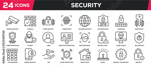 Set of collection line icons related security system, protection, safety, access. Editable stroke. Perfect pixel on transparent background