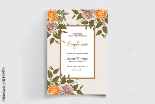 WEDDING INVITATION FRAME WITH FLOWER DECORATIONS AND FRESH LEAVES
